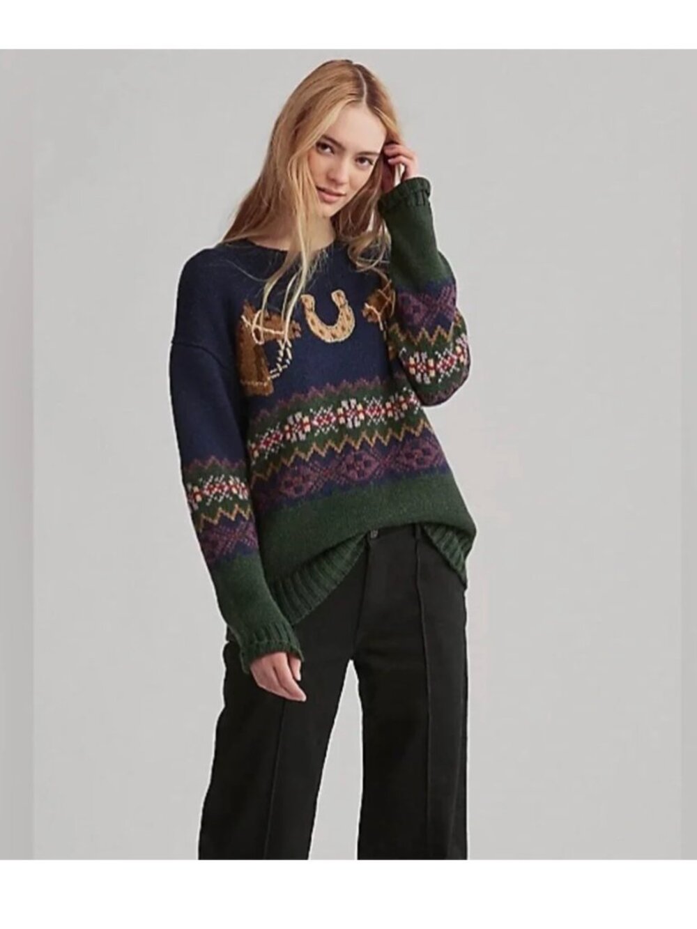 Polo Ralph Lauren Equestrian Horseshoe Fair Isle Wool Alpaca Knit Sweater Sz L - Picture 2 of 7